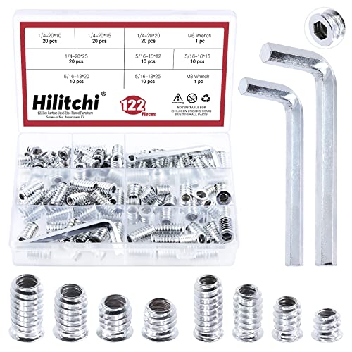 Hilitchi Kit de 120 piezas de insertos roscados, tuercas de inserción roscadas hexagonales, insertos de madera roscados, tornillo en tuerca, cierre roscado para muebles de madera (kit surtido de 1/4 pulgadas + 5/16 pulgadas, 120 piezas)