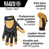 Klein Tools 60189 Guantes de trabajo, de cuero de grado profesional, con protección de nudillos y dedos, refuerzo del pulgar, malla trasera, XL