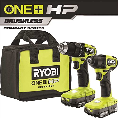 Ryobi ONE+ HP 18V sin escobillas compacto inalámbrico de 1,27 cm Kit de taladro e impacto con (2) baterías de 1,5 Ah, cargador y bolsa