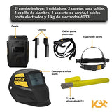 KINGSMAN | Soldadora Inverter Doble Voltaje 130AMP - Máquina para Soldar 110/220V y 60Hz + Kit de electrodos 6013 y cepillo de alambre + Careta Electronica Vision HD - Casco Para Soldar