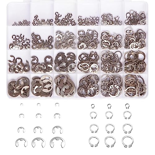 Mariyandh Juego surtido de 327 anillos de retención de clips electrónicos (1.2 mm a 10 mm) y anillos de retención externos con clips en C, kit surtido de anillos circulares de acero inoxidable 304 (M3-M14), 24 tamaños