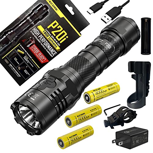 Nitecore P20i - Linterna LED recargable USB-C – 1800 lúmenes, batería incluida con cargador de pared Eco-Sensa USB rápido de 3 amperios y 2 baterías NL2150HPi adicionales y montaje offset