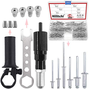 Hilitchi Kit de adaptador profesional de pistola de remache con 210 remaches surtidos de aluminio M3 M4 M5, 4 pernos de boquilla a juego, llave y accesorio de sujeción para taladro inalámbrico, trabajo de chapa metálica