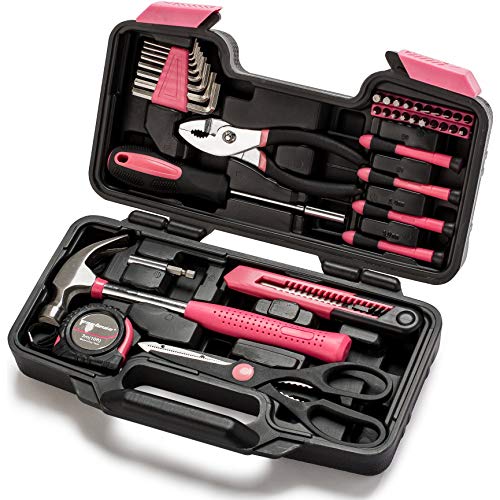 Cartman Rosa 39-Piece Tool Set – Kit de herramientas de mano con General de Hogares de plástico caja de herramientas de almacenamiento caso