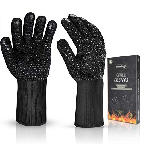 Vemingo - Guantes de barbacoa resistentes al calor extremo, resistentes al calor, a prueba de fuego, guantes de horno resistentes al calor, guantes de horno para ahumador, parrilla, cocinar, hornear, grande, 12,5 cm, color negro