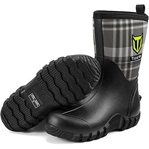 TIDEWE Botas de goma para mujer, botas de lluvia aisladas de neopreno de 5,5 mm con vástago de acero, botas de caza impermeables de media pantorrilla, botas de trabajo de goma duraderas para agricultura, jardinería, pesca (negro, camuflaje a cuadros y bor