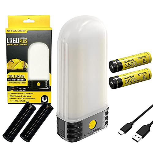 COMBO: NITECORE LR60 280 Lumen USB Rechargeable Pocket Camping Lantern w/ 2x NL1835HP 3500mAh Batteries and Eco-Sensa USB Cable