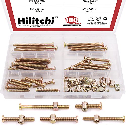 Hilitchi 100-Pcs M6 Zinc Plated Crib Screws Hex Drive Socket Cap Furniture Barrel Screws Bolt Nuts Assortment Kit for Furniture Cots Beds Crib and Chairs (35mm/45mm/55mm/65mm/75mm-Assortment Kit)