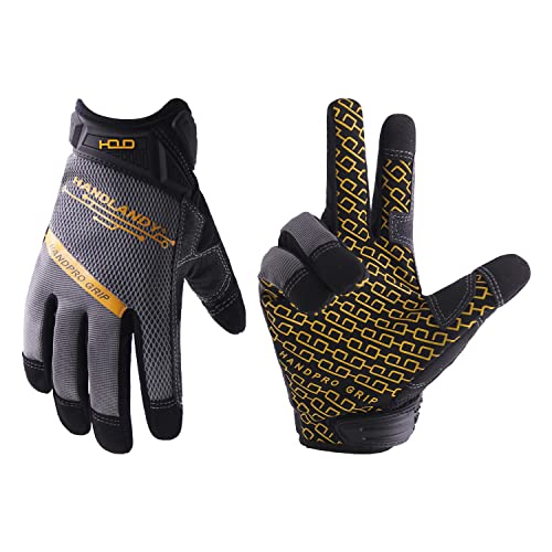 Guantes de trabajo utilitario para hombres y mujeres, guantes de trabajo de cuero sintético con agarre de silicona, transpirables, guantes mecánicos con pantalla táctil (grande, gris)