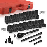 Neiko 02448A 1/2" Drive Master Impact Socket Set, 65Piece Deep & Shallow Socket Assortment | Standard SAE (3/8" To 1-1/4") & Metric (10-24 mm) Sizes | Includes Adapters & Ratchet Handle