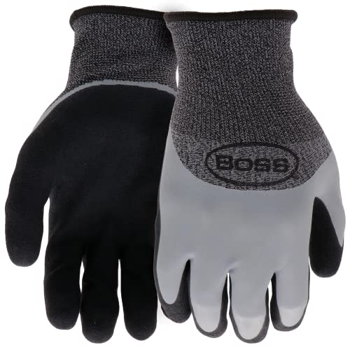 Boss Guantes de trabajo táctiles de doble capa con revestimiento de látex para hombre, resistentes al agua, agarre superior, resistente a desgarros, gris/negro, L (B32021-XL)