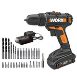 WORX Taladro inalámbrico de 20 V WX101L.4 con 30 brocas de perforación y conducción, juego de batería y cargador incluido