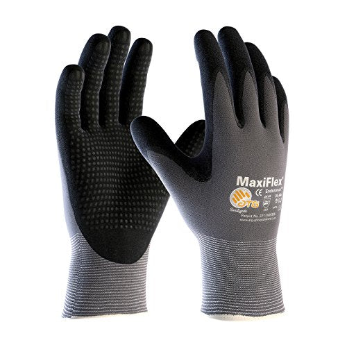 ATG MaxiFlex Endurance 34-844 - Guantes de trabajo de nailon sin costuras con agarre recubierto de nitrilo en la palma y los dedos, tallas S a XL (grande), negro y gris (34-844 – grande – 3 unidades)