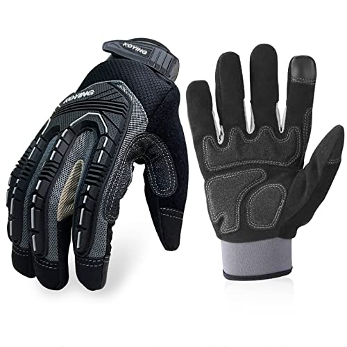 KKOYING Guantes de trabajo pesados, guantes mecánicos, protección contra impactos TPR, ajuste de rendimiento, reducción de vibraciones, capacidad para pantalla táctil (XL, negro)