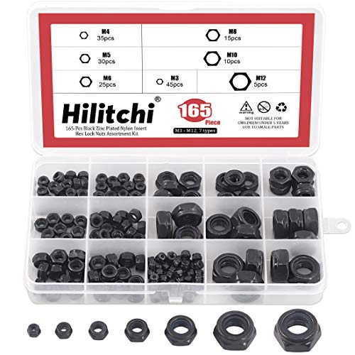 Hilitchi Kit surtido de tuercas hexagonales de nailon chapado en zinc negro, 165 unidades