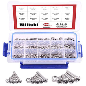 hilitchi 460-piece M3 M4 M5 Acero Inoxidable Botón Cabeza Hex Socket Cap Tornillos Tornillos Tuercas Assortment Kit