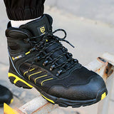 LARNMERN Botas de punta de acero a prueba de pinchazos para hombres, indestructibles, cómodas, antideslizantes, antiestáticas, botas de trabajo de seguridad al aire libre L91185 (27.0 cm, Negro amarillo)