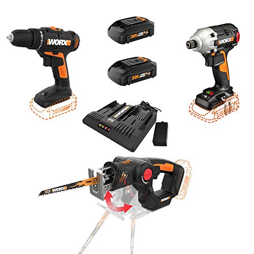 WORX WX911L Kit de herramientas eléctricas combinadas de 20 voltios con taladro eléctrico de 3/8 pulgadas, controlador de impacto de 1/4 pulgadas, sierra AXIS y 2 baterías recargables de iones de litio