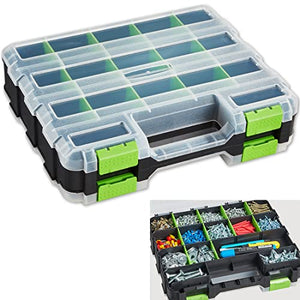 Caja de almacenamiento de piezas pequeñas, organizador de doble cara, 34 compartimentos, organizadores de hardware con divisores de plástico extraíbles para tornillos, pernos, joyas, tuercas, clavos