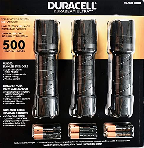 Duracell Ultra - Linterna de aluminio de 550 lúmenes, 12 pilas AAA incluidas (paquete de 3)