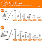 Canitu 1220 piezas de tornillos de cabeza plana plateada, tuercas planas M2 M3 M4 M5 304 de acero inoxidable Tornillo pernos con 4 llaves hexagonales