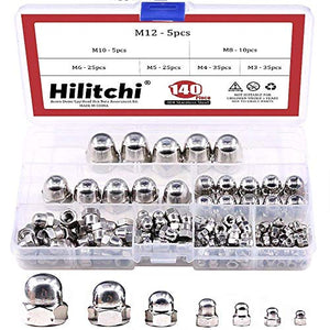 Hilitchi 140-pcs M3 M4 M5 M6 M8 M10 M12 Acorn Dome Cap Head Kit Surtido de tuercas hexagonales de acero inoxidable 304