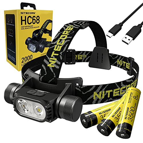 NITECORE HC68 - Faro de doble haz recargable tipo C, Luminus SST-40-W 2000 lúmenes, opciones de accesorios Eco-Sensa (+ 2 extras NL1835HP)