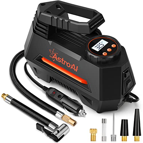 AstroAI Inflador de Llantas Digital Automatico, Compresor de Aire Portatil para Auto 12V con Bomba Electrico con Pantalla LCD, Luz LED, Kit de Adaptadores y Fusible COLOR DE NARANJA