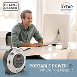 Black + Decker Retractable Extension Cord, 25 ft, 4 Outlets, 2 USB Ports (2.1A), 16AWG SJT Cable - Compact Power Cord Reel with Multi-Plug Extension, On/Off Switch - Retracting Extension Cord Wheel