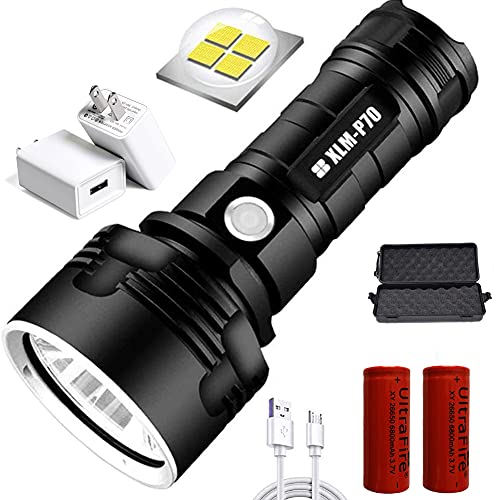 XLM-P70 Linterna LED, 30000-10000 lúmenes, 3 modos de alto brillo, la más potente linterna LED Xlm-P70 de 50 W, linterna recargable por USB, para camping al aire libre (batería doble, 50W-P70)