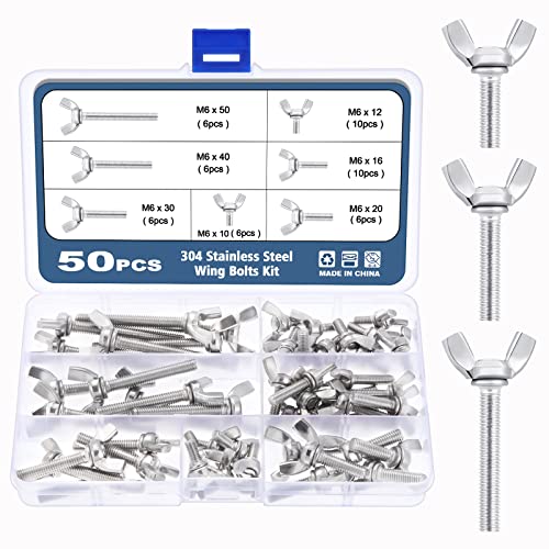 OCR Pernos de mariposa de acero inoxidable con tornillos de mariposa para montaje, tornillos métricos (M6 x 10 mm - M6 x 50 mm, 50)