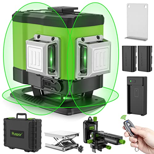 Huepar Nivel láser 3D autonivelante 3x360 línea transversal verde de tres planos, nivelación, alineación y baldosa, herramienta láser de suelo -360° línea vertical y horizontal con control remoto y funda de transporte dura 503DG