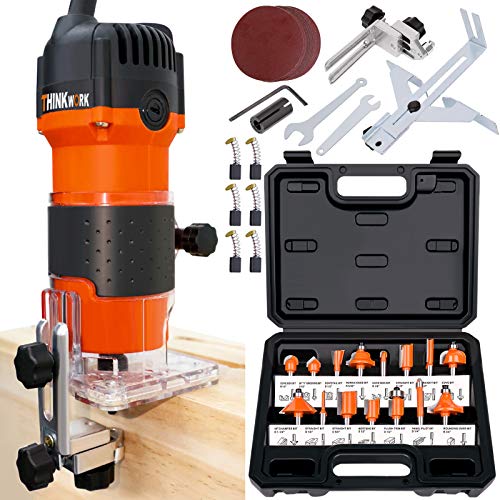 Thinkwork - Entutador compacto, 6.5-Amp 1.25 HP Kit de herramientas de fresador compacto de madera con 15 piezas de 1/4 pulgadas, 30000R/min