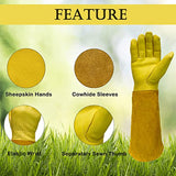 Guantes largos de jardinería de cuero para mujeres, hombres y niños, transpirables, a prueba de espinas, con protección para el antebrazo, palmas de piel de oveja, mangas de cuero vacuno, guantes de trabajo de seguridad para jardín