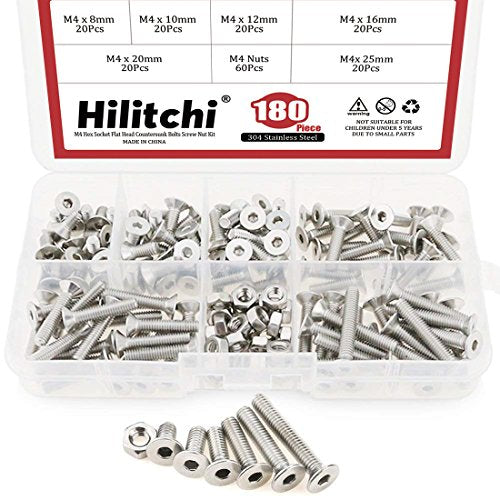 Hilitchi 180 piezas métricas M4 hexagonal cabeza plana tornillos avellanados Kit surtido de tuercas de tornillo – acero inoxidable 304