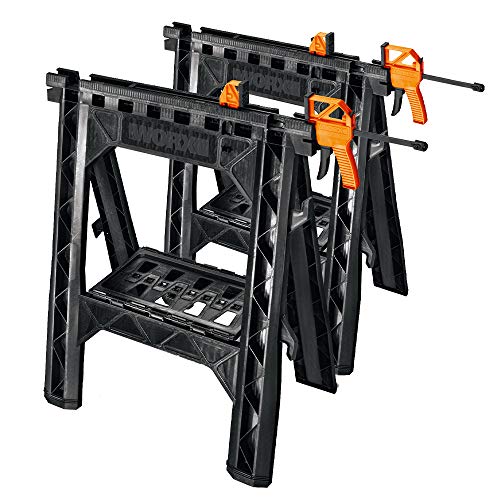 WORX Clamping Sawhorse Pair with Bar Clamps, Built-in Shelf and Cord Hooks – WX065