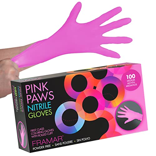 Framar Pink Paws Guantes de nitrilo, sin polvo, sin látex, sin goma, guantes desechables, no estériles, guantes medianos