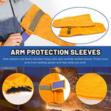 Glarks Juego de 3 protectores de trabajo de soldadura, incluye delantal de trabajo de soldadura de cuero, mangas de trabajo de soldadura y guantes de soldadura para soldadores, chimenea, barbacoa, jardinería, Amarillo, as picture shown