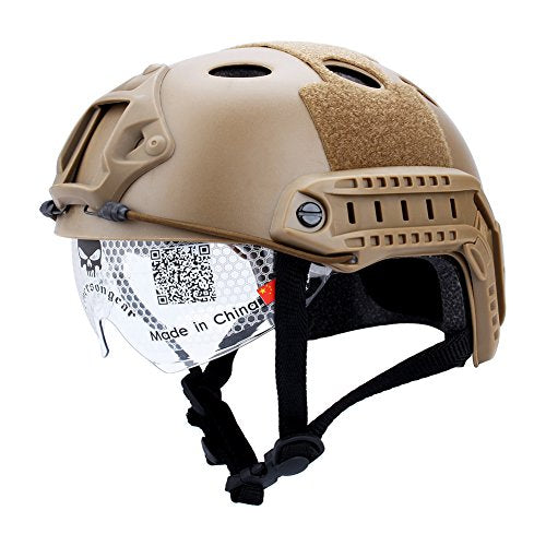 Casco táctico, ZJchao Militar ejército táctica Series Airsoft Paintball caza CQB, equipo de escalada combate rápida casco base Jump Bj tipo con anteojos, Marrón