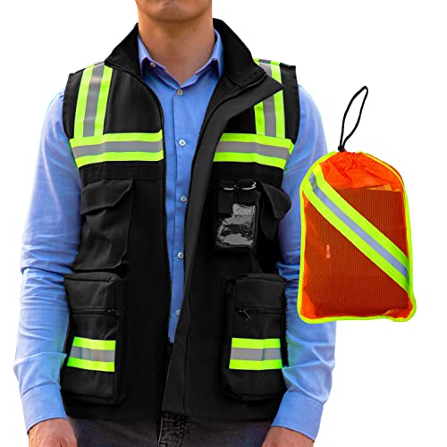 Chaleco de Seguridad Premium | Chaleco de Seguridad Industrial, Reflejante y Multifuncional con Cinta de Alta Visibilidad y Bolsa Transportadora. Varios Colores. (MEDIANO, GRIS)