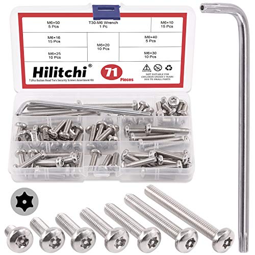 Hilitchi Tornillos de seguridad Torx de cabeza de botón M6 de acero inoxidable a prueba de manipulaciones con broca T30 (M6 surtido Kit-70 piezas)