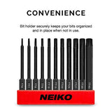 Neiko 01149A Torx Head Drill Bit Set, 11-Piece Sizes TT6 to TT40 | Tamperproof Magnetic Torx Bits | 3 Quick Release Shanks | Premium S2 Steel | Compatible with Power Drills and Impact Drivers