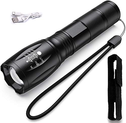 TBONEEY Linterna LED Militar Visión Nocturna, Linterna de Mano USB Recargable Linternas Alta Potencia Tactica Lampara Táctica Militar de Mano Impermeable, 5 Modo, Zoomable, para Ciclismo, Camping