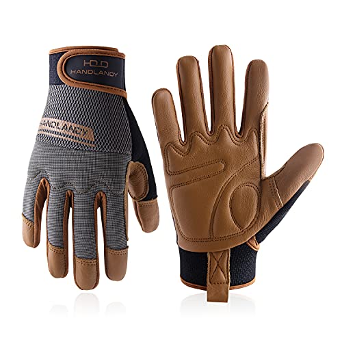 HANDLANDY Guantes de trabajo de cuero para hombres y mujeres, guantes de trabajo mecánico de seguridad utilitaria, pantalla táctil, guantes de trabajo flexibles y transpirables para patio (S, palma de piel de vacuno marrón)