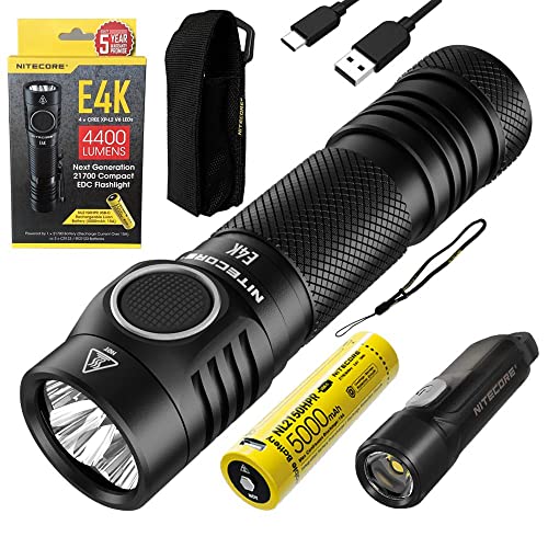 Combo: NITECORE E4K Next Generat Linterna – 4400 lúmenes con llavero Tiki Mini LE – 300 lúmenes