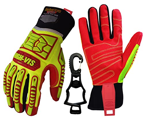 Seibertron High-VIS HRIG - Guantes de trabajo antiimpactos, resistentes al agua y al aceite de alta visibilidad, resistentes al agua, guantes mecánicos de seguridad, CE EN388 4132 M, con 1 clip de guante negro