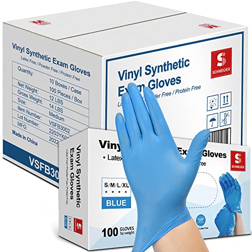 Schneider Guantes desechables de vinilo sintético, sin látex, sin polvo, azul, 10 cajas de 100 unidades de 100 unidades cada una, 1000 quilates en total (mediano)