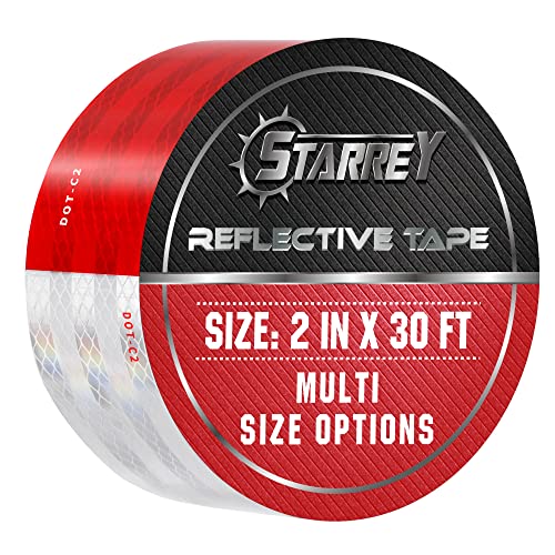 Starrey Cinta reflectante DOT-C2 de 2 pulgadas x 30 pies, color rojo y blanco, impermeable, autoadhesiva, para remolque, precaución, reflector de seguridad