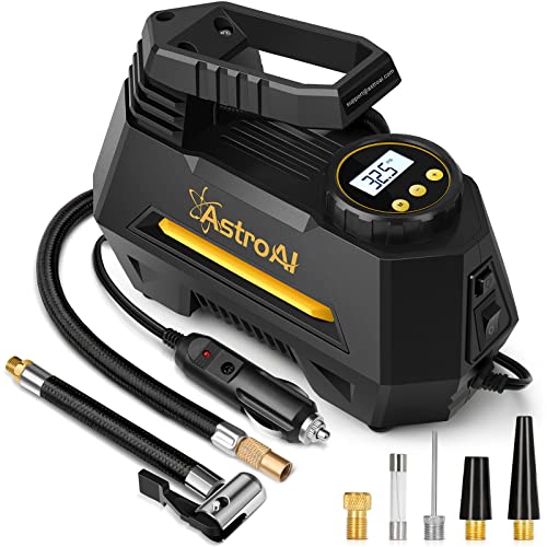 AstroAI Inflador de Llantas Digital Automatico, Compresor de Aire Portatil para Auto 12V con Bomba Electrico con Pantalla LCD, Luz LED, Kit de Adaptadores y Fusible AMARILLO