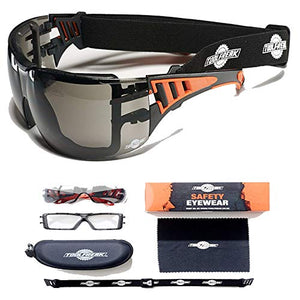 ToolFreak Rip Out Lentes de seguridad con acolchado de espuma, gafas de protección con una mejor visión, protección contra los impactos y los rayos UV, estuche rígido y tela, lentes tintadas